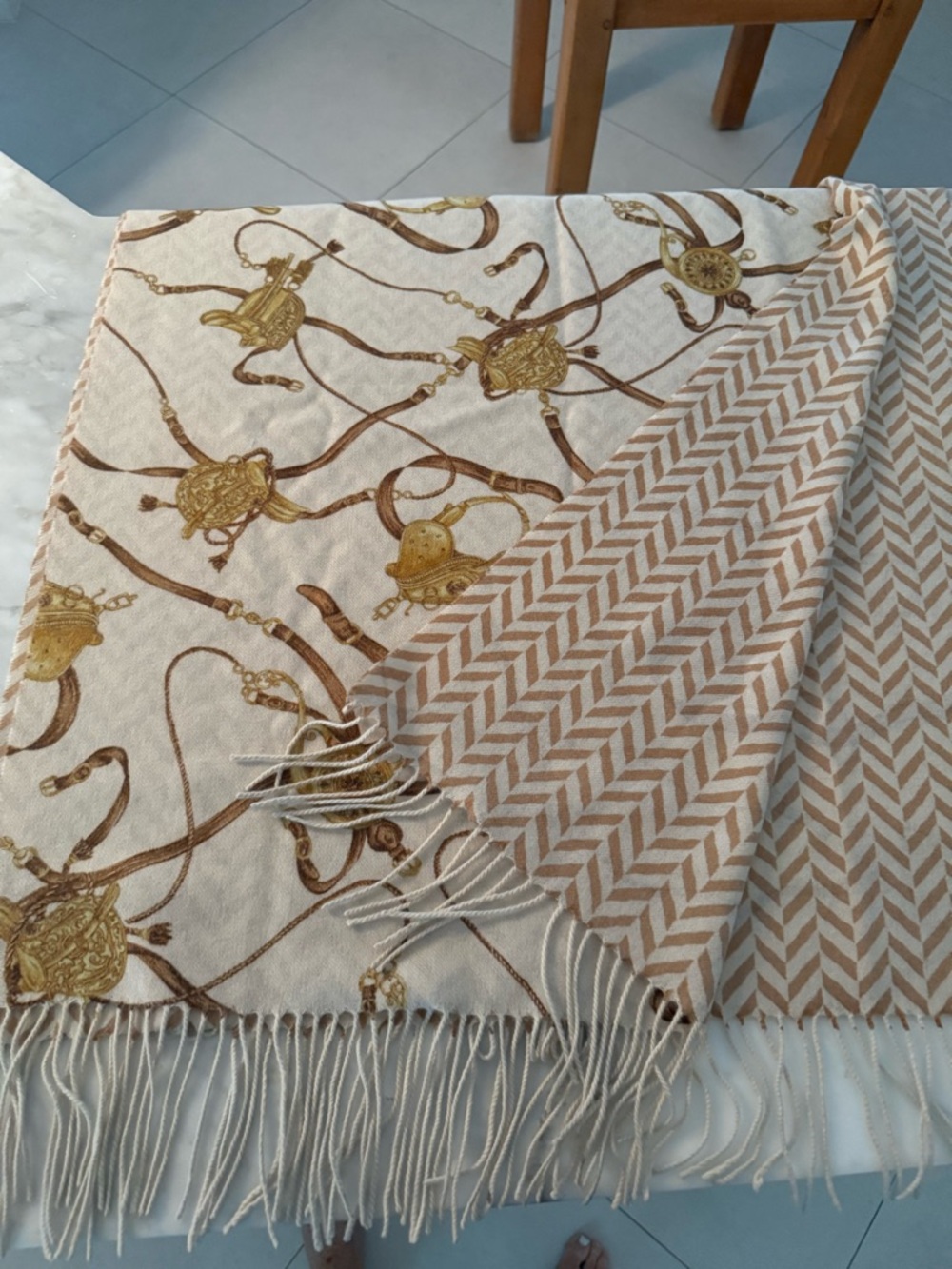 J. McLaughlin Cream and Tan Chevron Cashmere Scarf